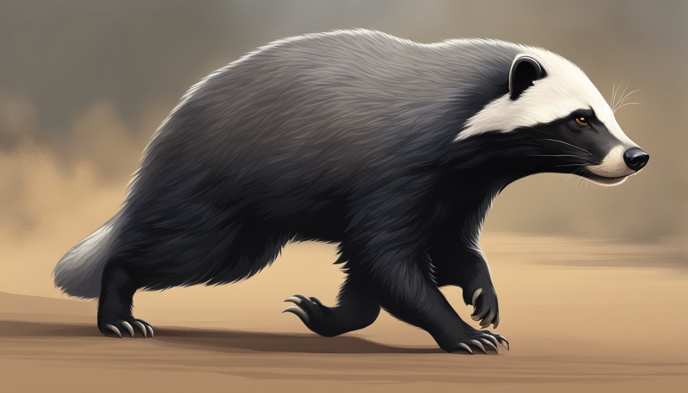 A honey badger fearlessly stands its ground, glaring with determination, while its fur bristles with intensity