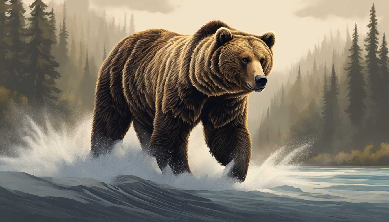 A grizzly bear stands tall, its powerful frame exuding strength and courage.</p><p>Its fur ripples with energy as it gazes boldly ahead