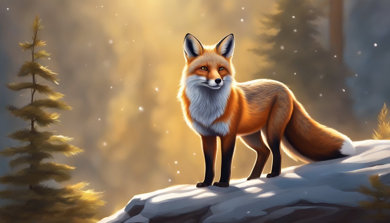 A red fox stands proudly, its fur glowing in the sunlight.</p><p>Its eyes are fierce and determined, embodying the spirit of courage