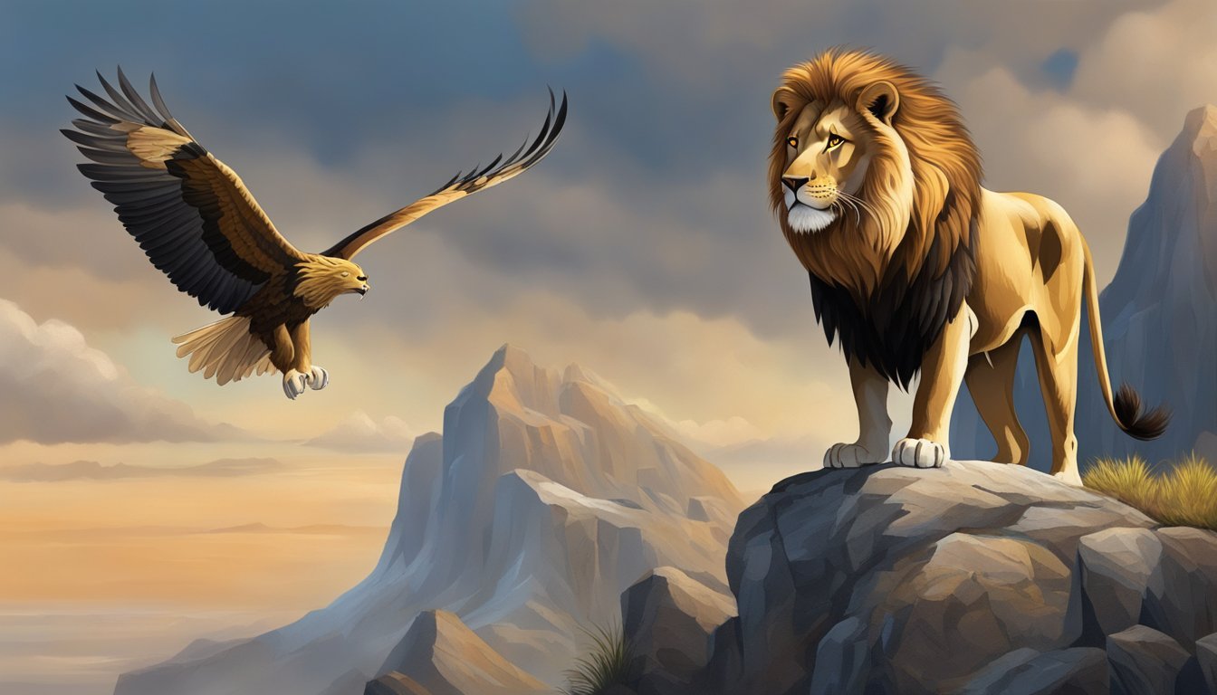 A lion stands proudly on a rocky cliff, its mane flowing in the wind.</p><p>Behind it, an eagle soars through the sky, its wings spread wide.</p><p>The lion and eagle lock eyes, exuding strength and fearlessness