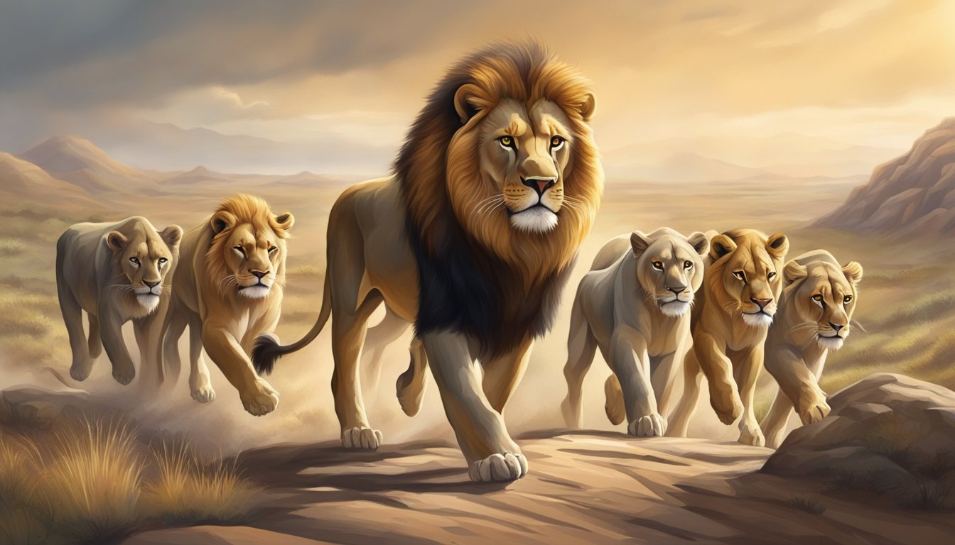 A lion fearlessly leads a pack of animals through a treacherous landscape, displaying courage and determination