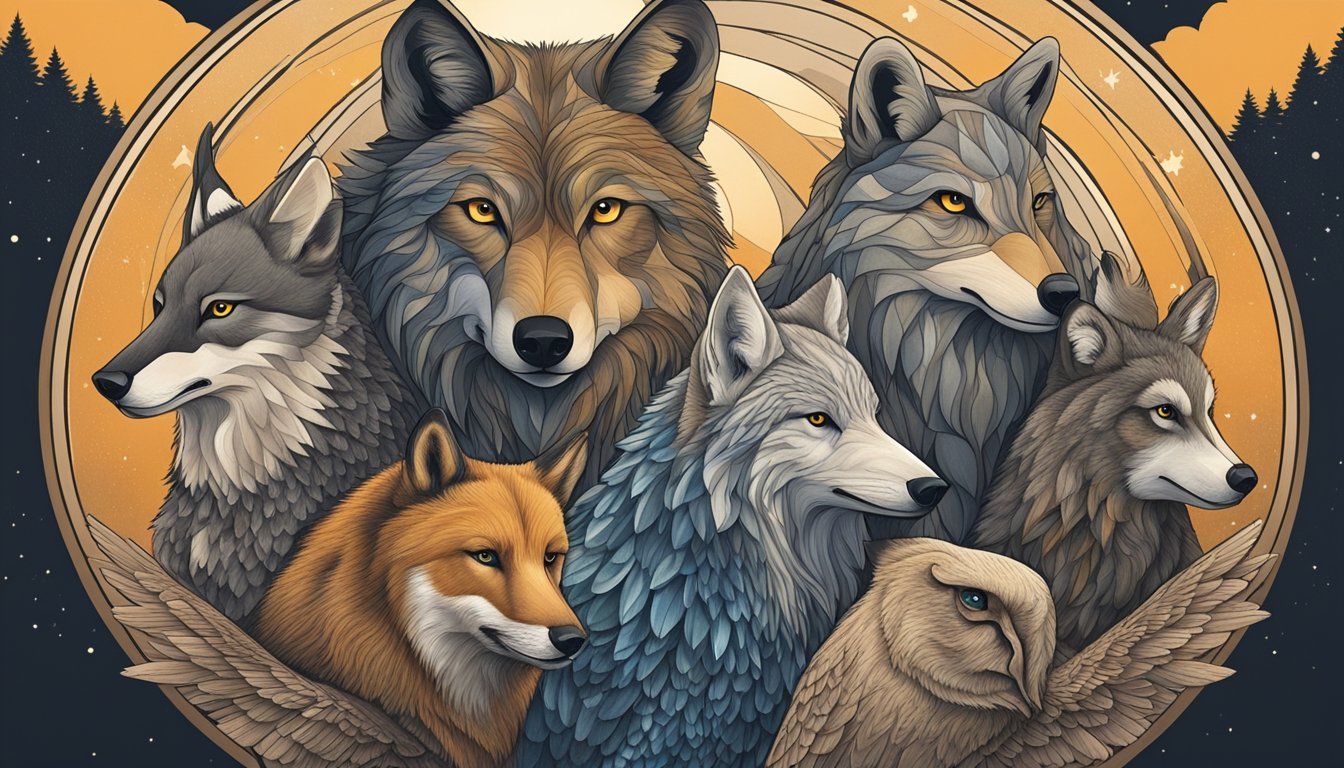 A wolf, eagle, bear, owl, fox, and deer stand in a circle, each radiating a sense of wisdom and guidance.</p><p>The animals' eyes are focused and their stances are strong, conveying a message of empowerment and self-discovery