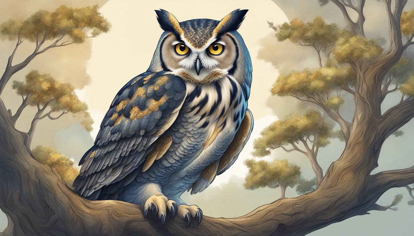 An owl perched on a tree branch, its piercing eyes gazing out with wisdom and clarity, surrounded by other spirit animals