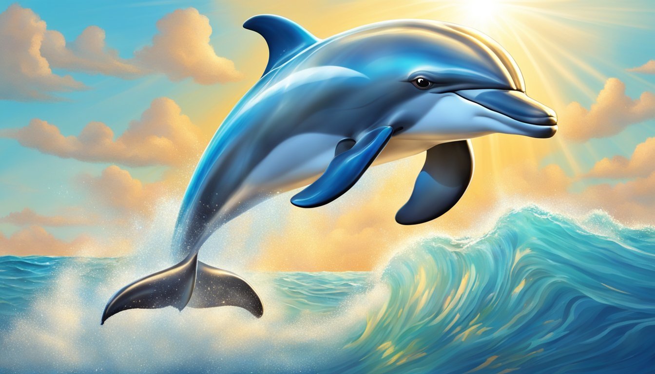 A dolphin leaps gracefully through sparkling waves, its sleek body glistening in the sunlight, radiating joy and harmony