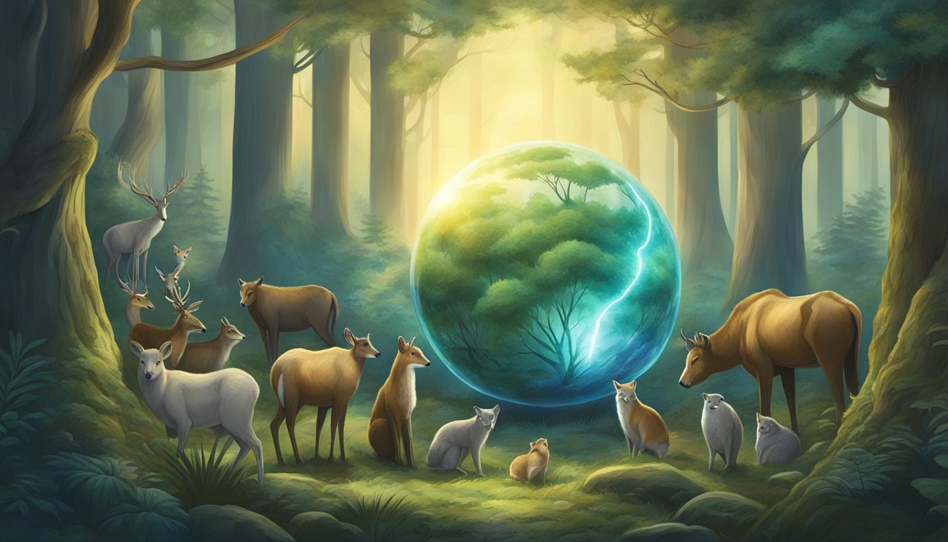 A serene forest clearing with six different animals gathered around a glowing orb, each exuding a sense of wisdom and guidance