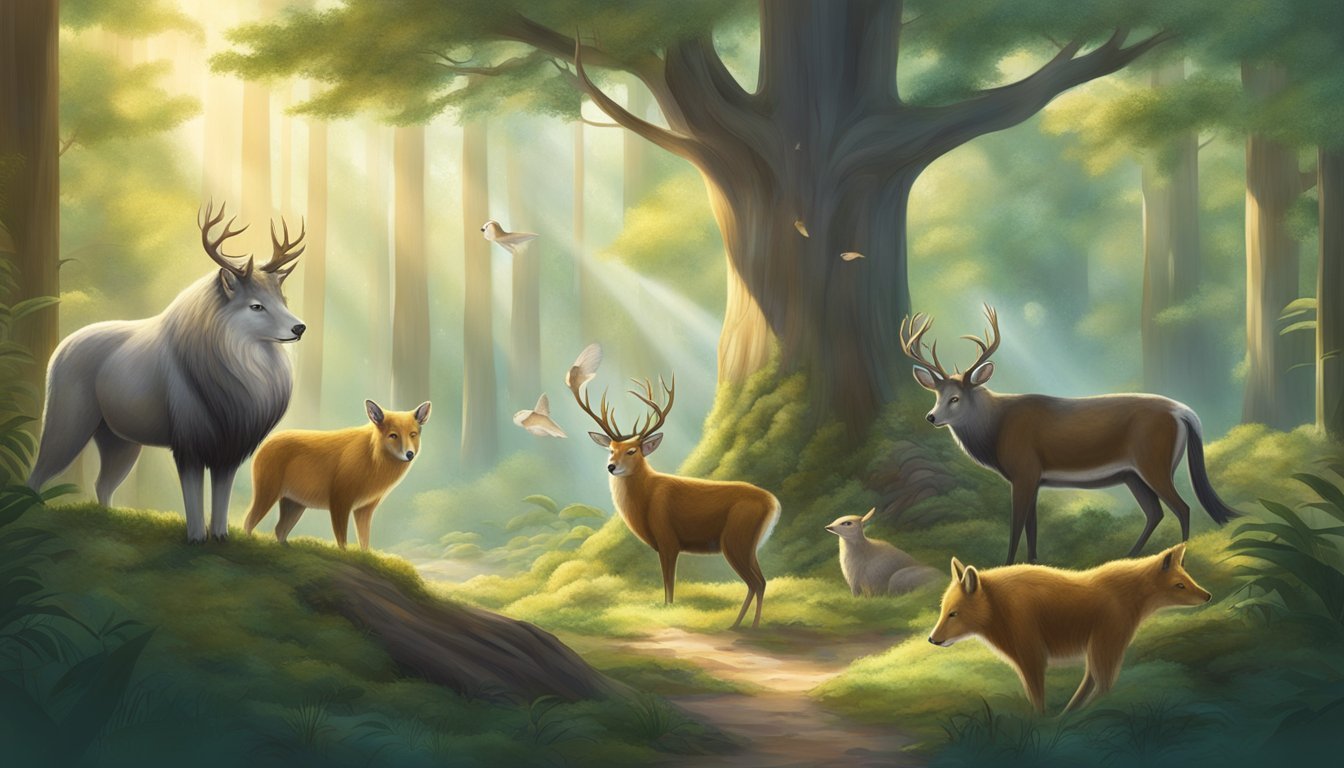 A serene forest clearing, bathed in soft sunlight, with six different spirit animals gathered around a central point, each exuding a sense of wisdom and guidance