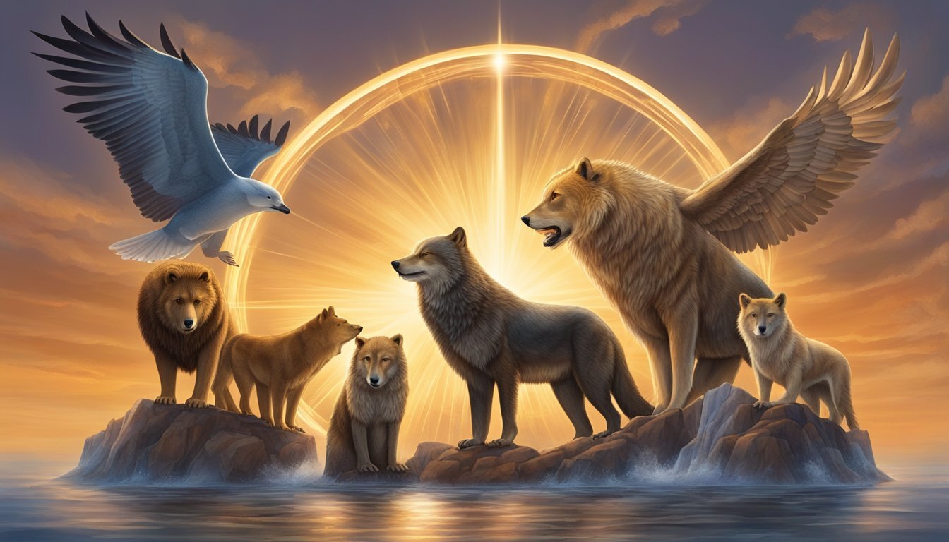 A wolf, eagle, bear, dolphin, owl, and lion stand in a circle, each radiating a different energy.</p><p>The setting sun casts a warm glow on the group, creating a sense of unity and guidance