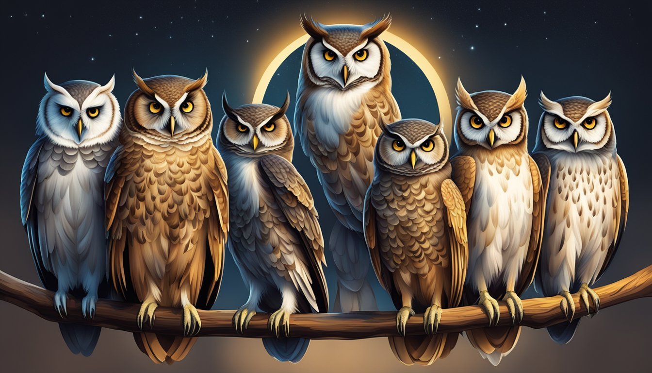 Eight owls perched in a circle, their eyes glowing with wisdom and authority, symbolizing justice and fairness