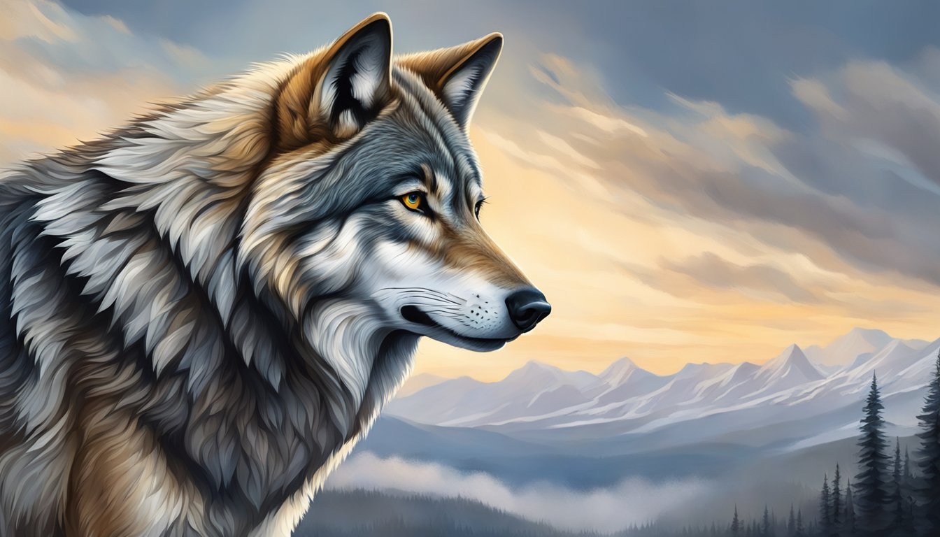 A majestic wolf stands tall, gazing out with wise and determined eyes, surrounded by a sense of strength and righteousness