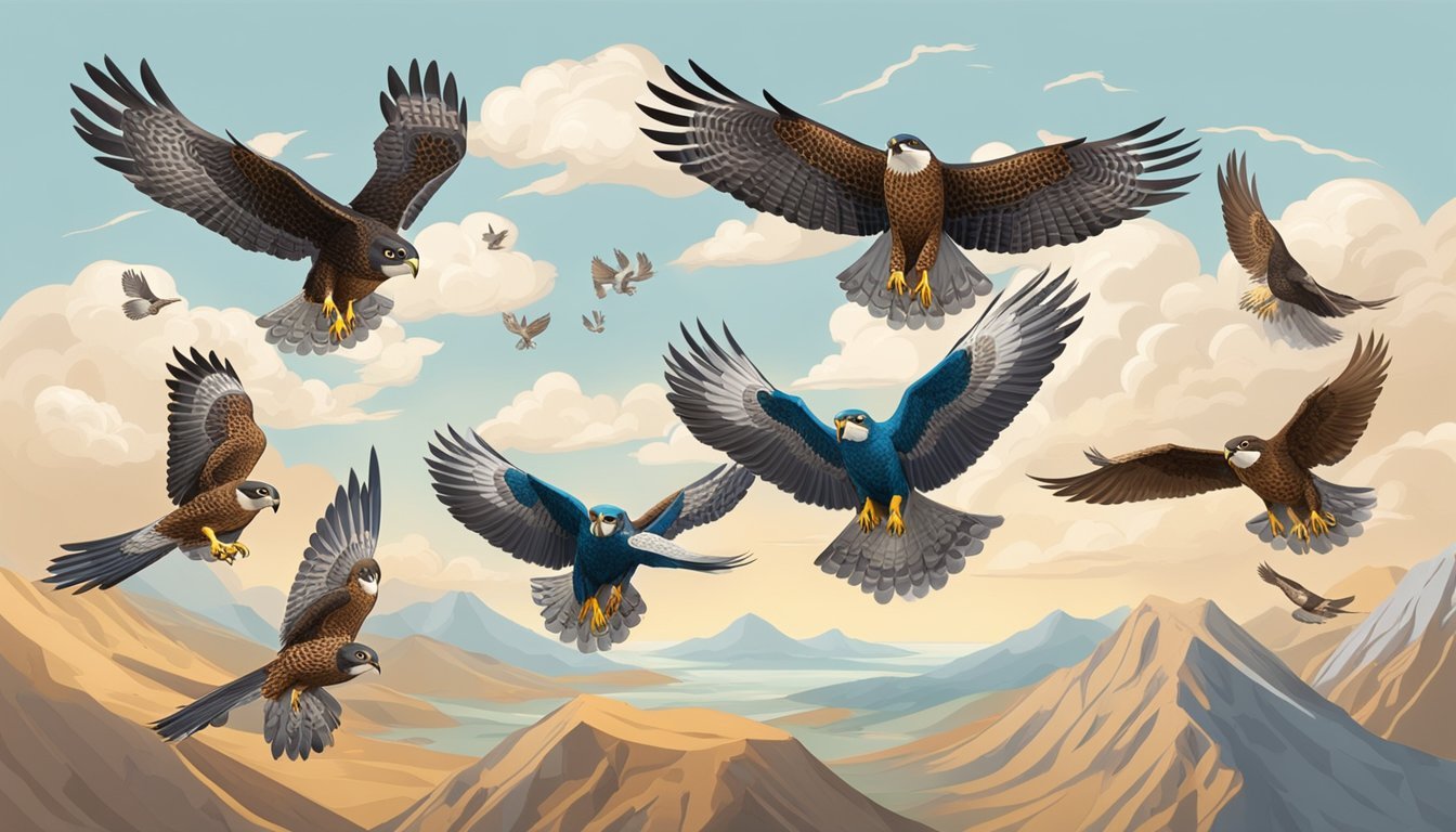 Eight falcons in flight, wings outstretched, surrounded by symbols of justice and fairness