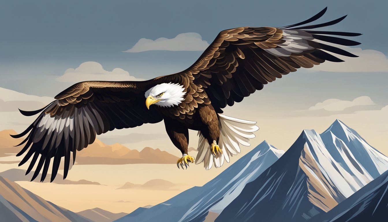 An eagle soars majestically above a mountain, its wings outstretched and eyes focused, representing justice and fairness