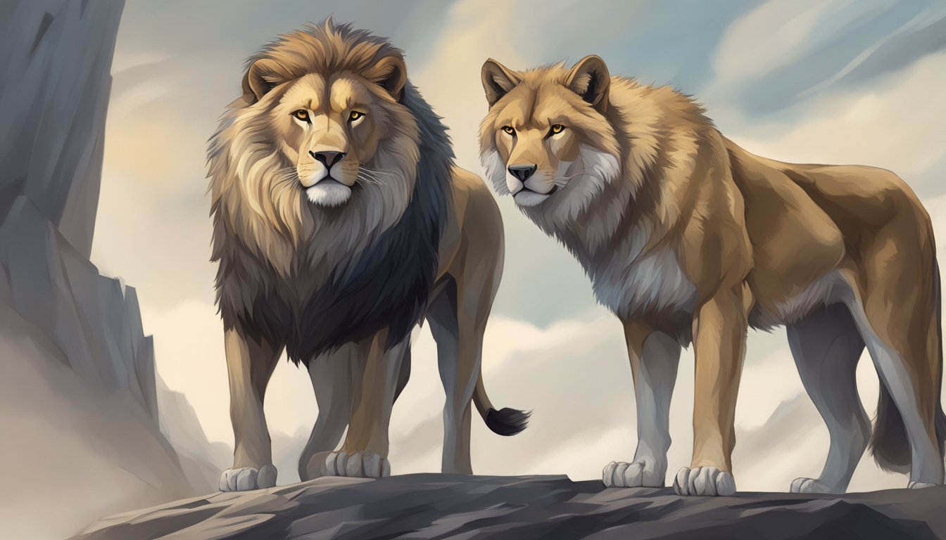 A lion and a wolf stand side by side, their eyes focused and determined.</p><p>They exude strength and confidence, symbolizing justice and fairness