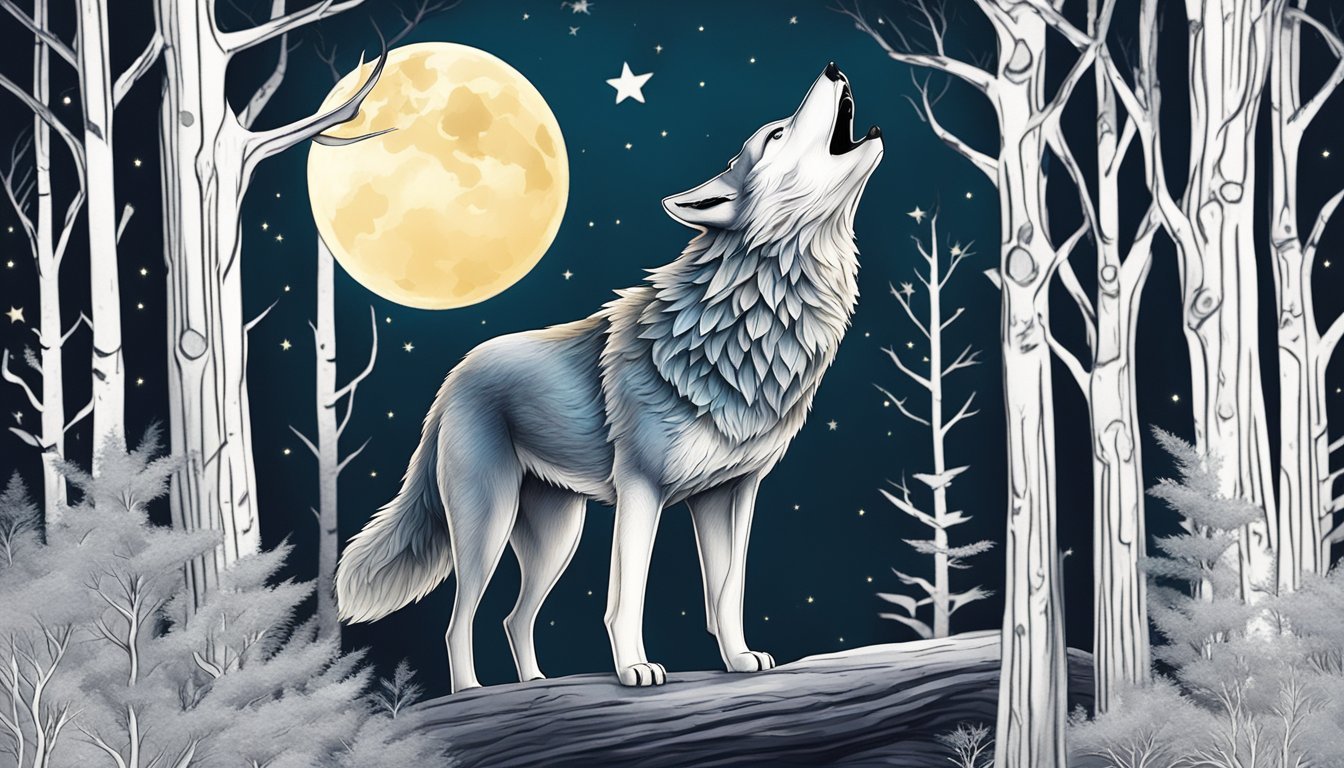 A majestic wolf howling at the moon in a serene forest clearing, surrounded by ancient trees and twinkling stars