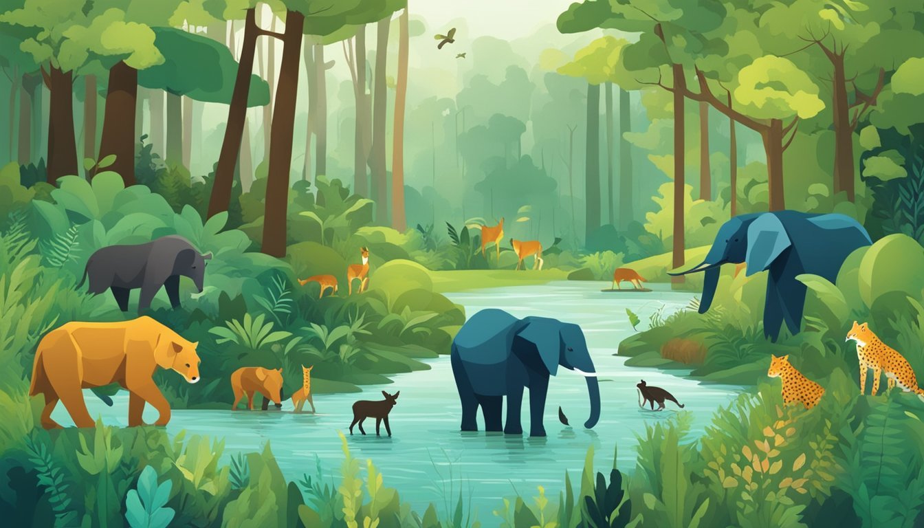 Animals roam freely in a lush forest, surrounded by vibrant greenery and flowing streams.</p><p>A sign reads "Donate to Wildlife Conservation" with 10 animal silhouettes