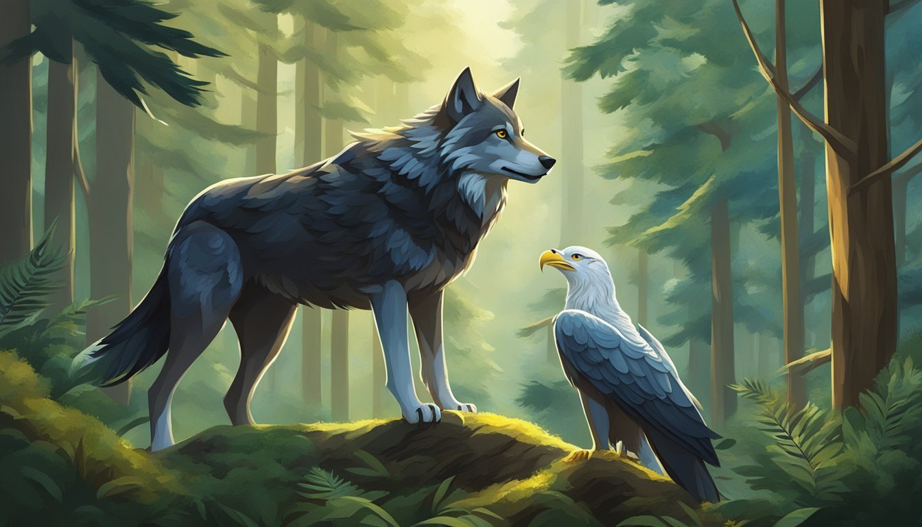 In a lush forest, a wolf and eagle meet, symbolizing strength and freedom.</p><p>Symbols of their spirit animals surround them, guiding their daily rituals