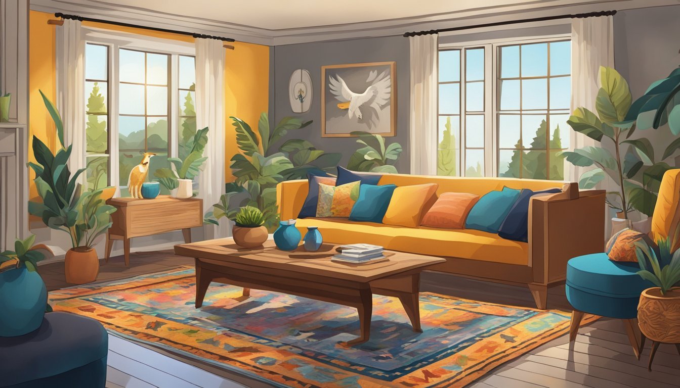 A cozy living room with animal-themed decor: a vibrant rug with a wolf design, a colorful tapestry of a soaring eagle, and a wooden shelf adorned with carved animal figurines