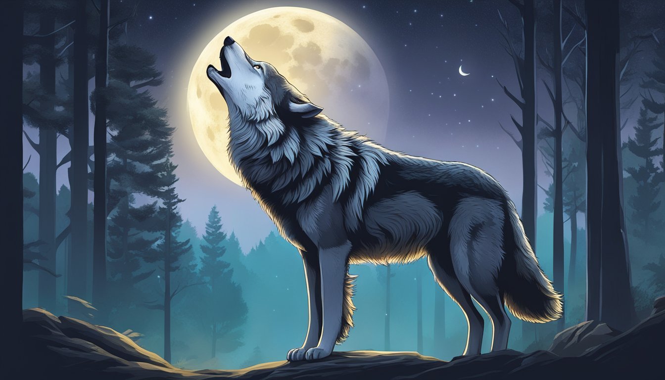 A wolf howling at the moon in a serene forest clearing.</p><p>The moonlight illuminates the wolf's fur, creating a mystical and spiritual atmosphere