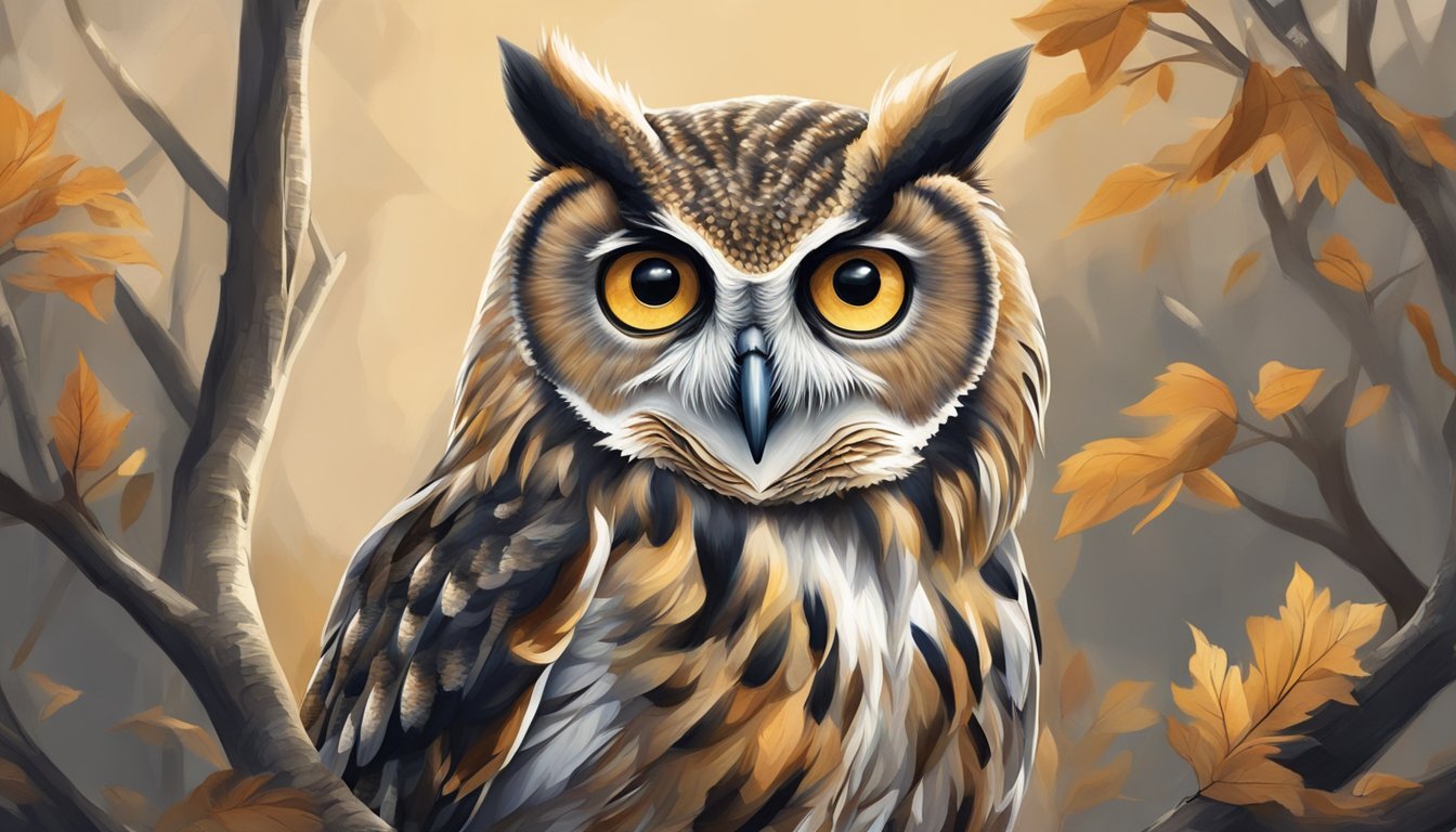 A wise owl perched on a branch, its piercing eyes focused on the world below.</p><p>Its feathers are a mix of earthy browns and whites, exuding an air of wisdom and justice