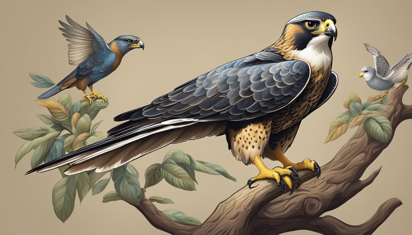 A majestic falcon perches on a branch, surrounded by seven other animals symbolizing justice.</p><p>The falcon's piercing gaze exudes strength and determination