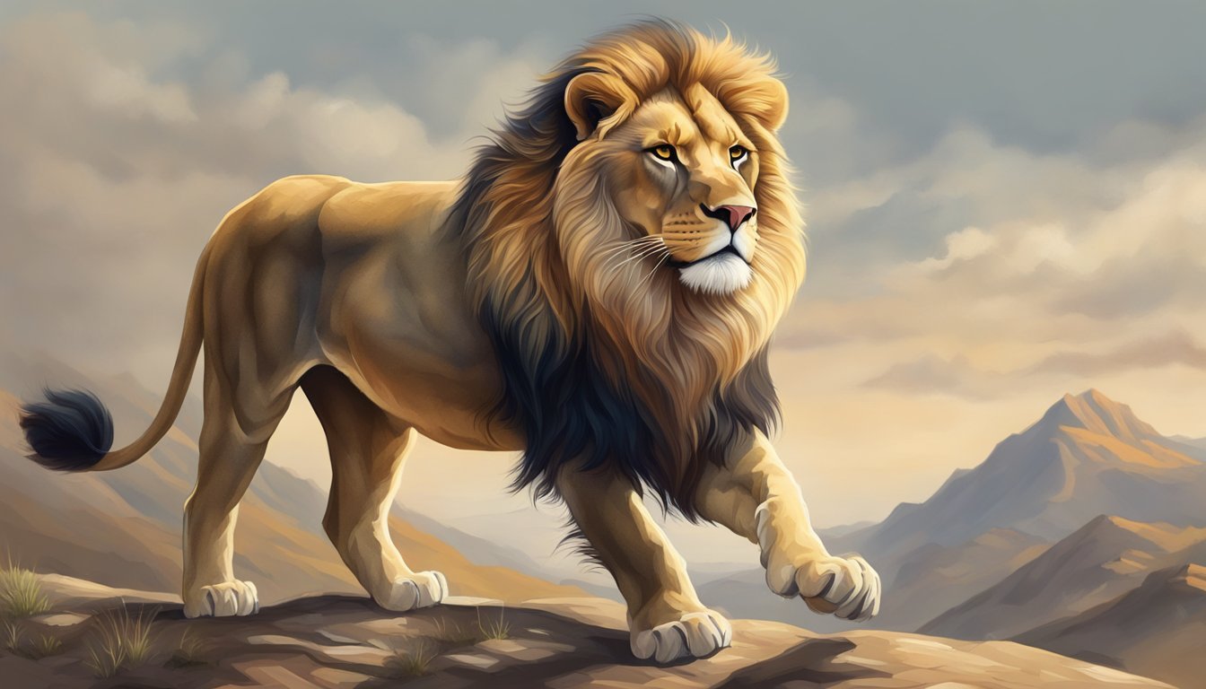 A majestic lion stands proudly, its mane flowing in the wind.</p><p>Its powerful presence exudes a sense of righteousness and justice