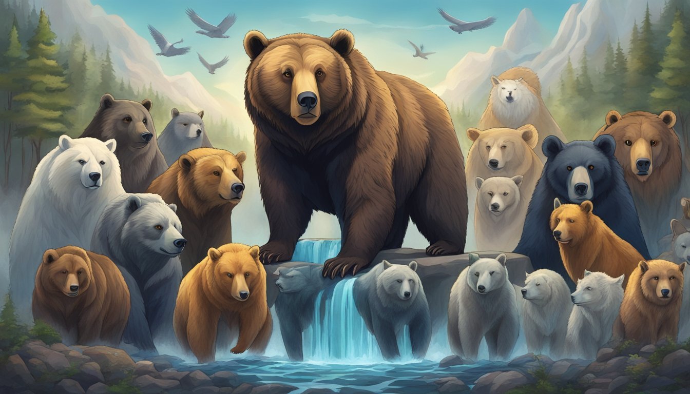 A bear stands tall, surrounded by eight spirit animals, each representing justice in their own unique way