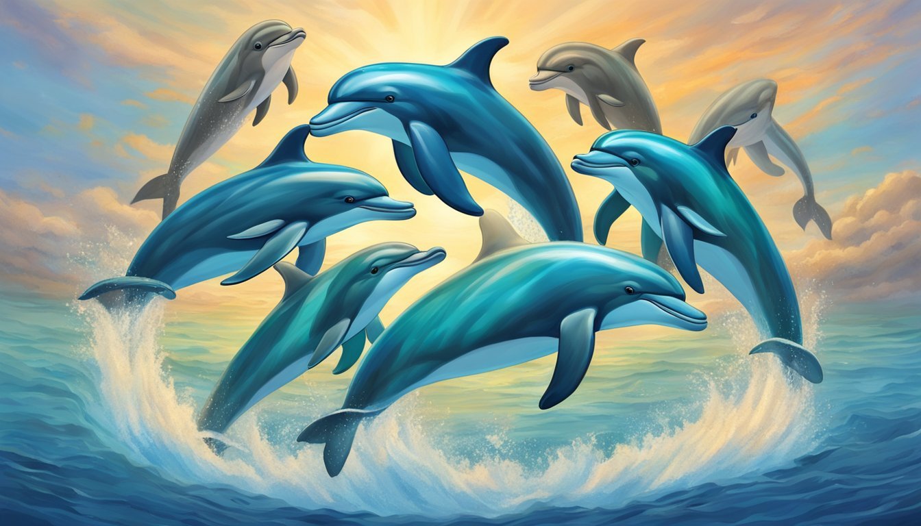 A group of eight majestic dolphins swimming gracefully in a circle, representing the spirit animals of justice