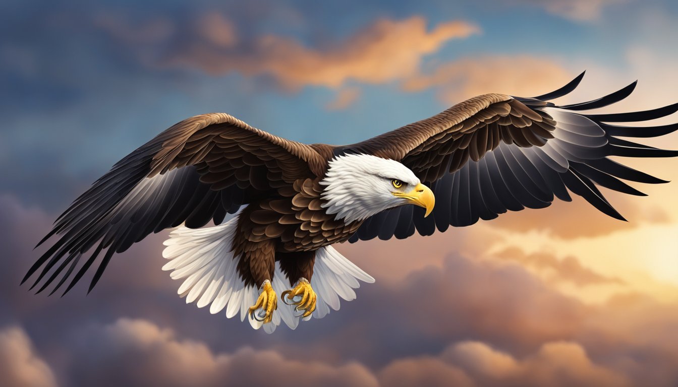 An eagle soars majestically through the sky, its wings outstretched and eyes focused with determination, embodying the spirit of justice