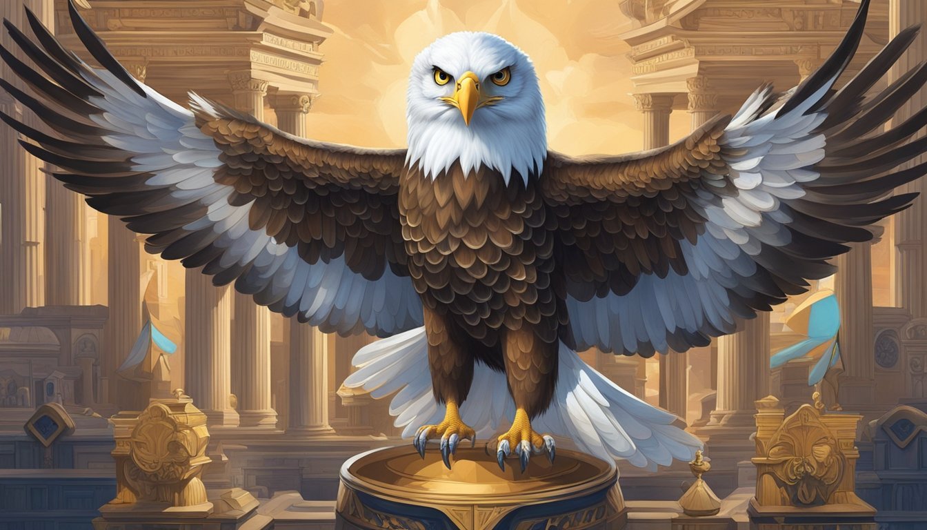 A majestic eagle swoops down, its piercing eyes fixed on a balanced scale.</p><p>A wise owl perches nearby, its gaze exuding a sense of fairness and wisdom.</p><p>The scene is surrounded by symbols of justice and equality