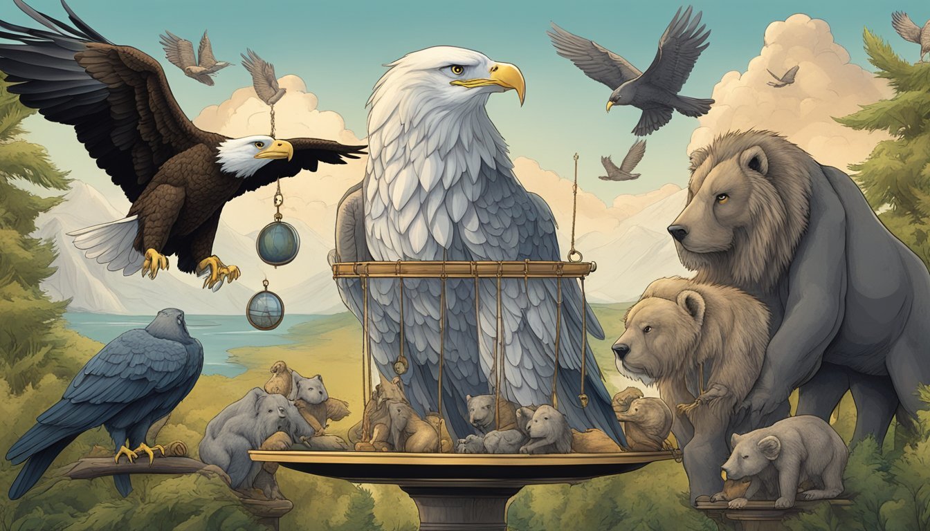 A scale held by a bald eagle, with a wolf, owl, lion, bear, elephant, and whale surrounding it, representing justice in nature