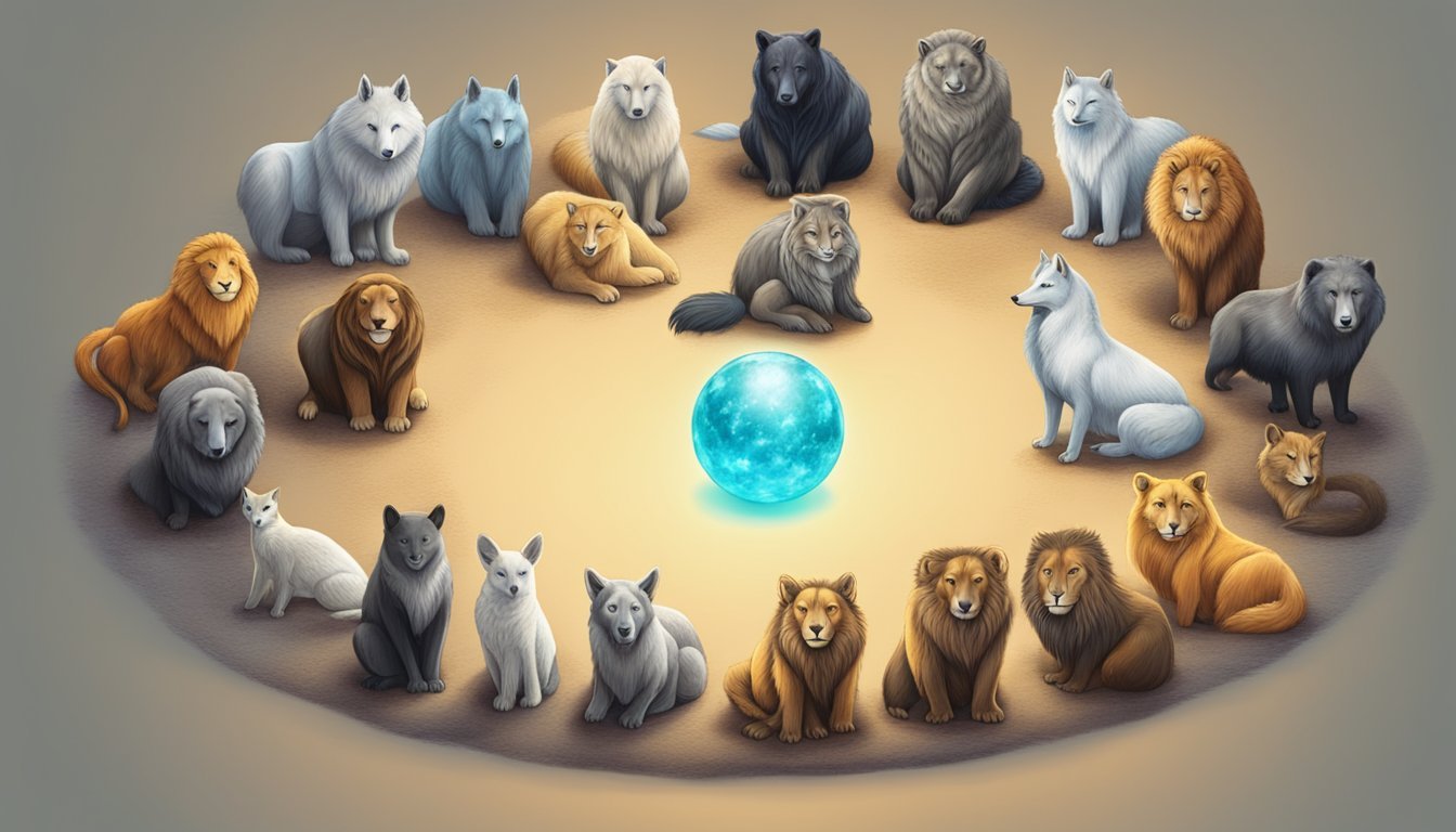 A circle of 12 spirit animals surrounds a glowing orb, each representing a different aspect of nature and wisdom