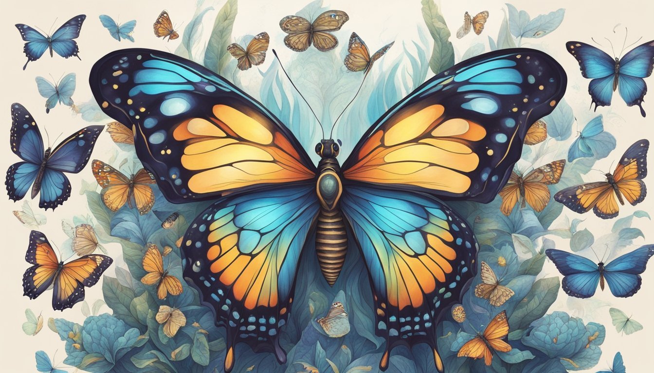 A majestic butterfly transforms into a powerful spirit animal, surrounded by 11 other mystical creatures