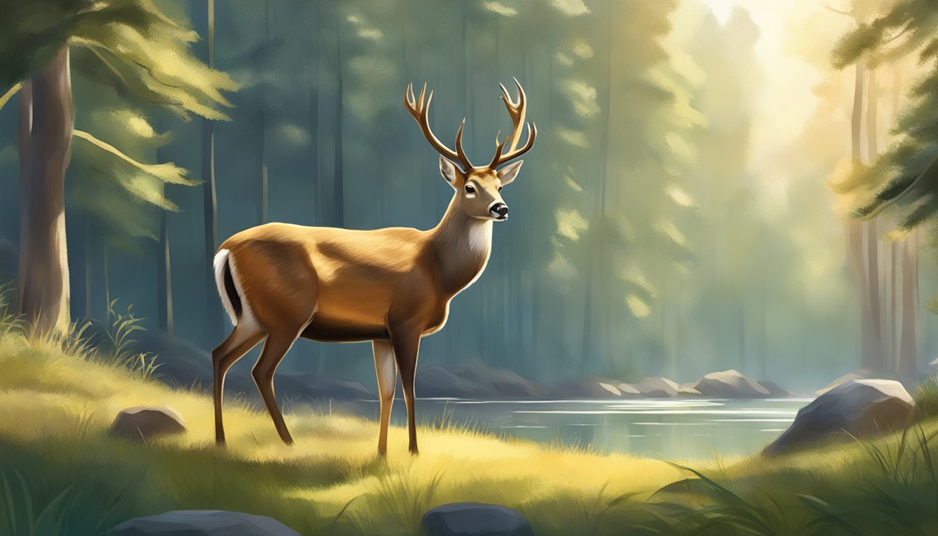 A serene deer grazes in a tranquil forest, surrounded by soft sunlight and gentle breezes