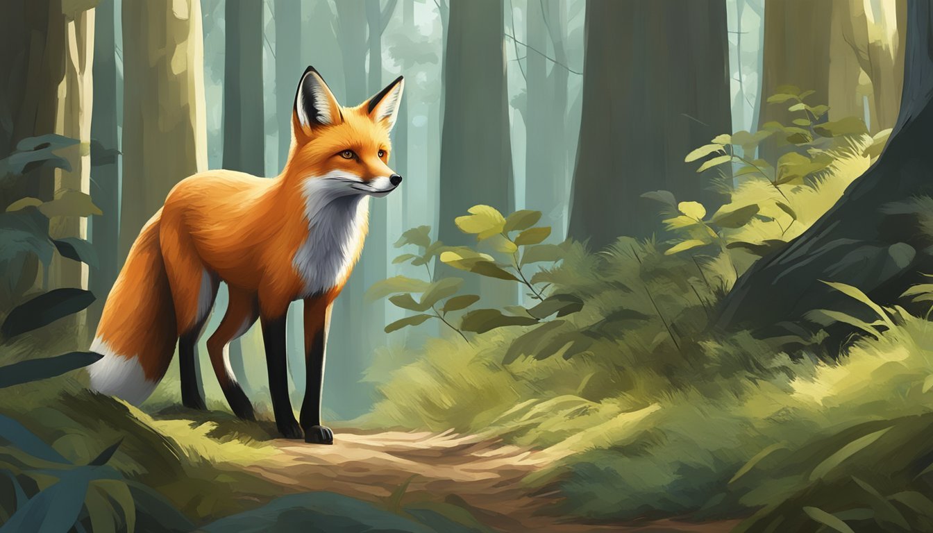 A sly fox confidently navigates through a dense forest, its keen eyes scanning the surroundings for any sign of danger.</p><p>The fox exudes an air of intelligence and adaptability as it moves with purpose and grace