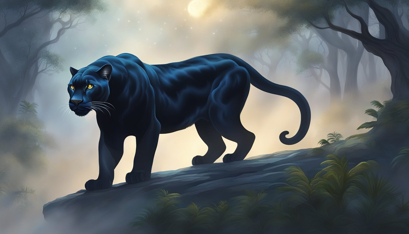 A sleek panther stands proudly amidst swirling mist, its piercing eyes surveying the ancient forest.</p><p>The moonlight casts a mysterious glow on its powerful form, exuding an aura of strength and wisdom