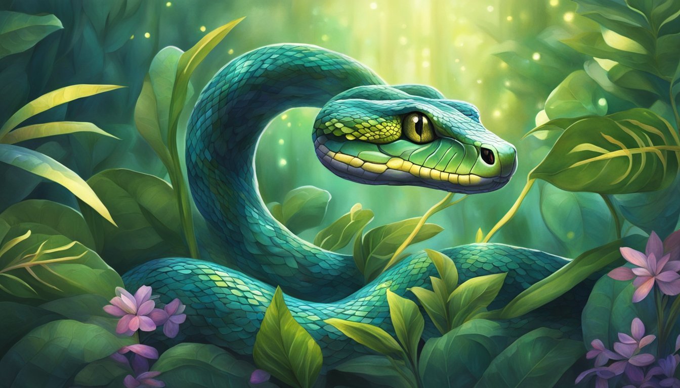 A snake coils around a staff, surrounded by vibrant plants and shimmering light.</p><p>Its eyes exude wisdom and healing energy, embodying the spirit of transformation