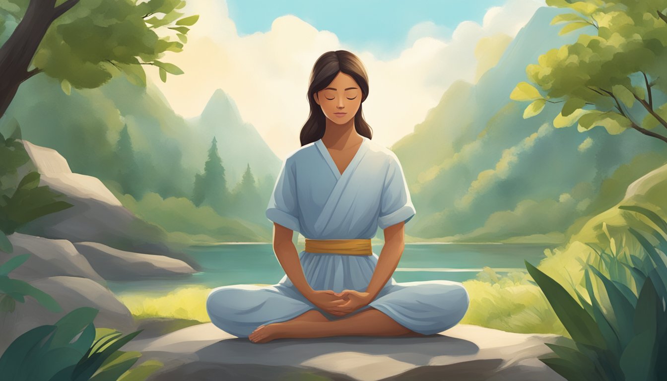 A serene figure sits cross-legged, surrounded by nature.</p><p>Eyes closed, deep breaths, and a sense of inner peace