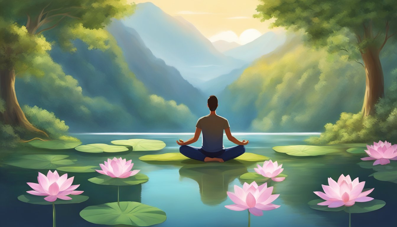 A serene, tranquil setting with a person in lotus position, surrounded by nature, with a sense of inner peace and calmness