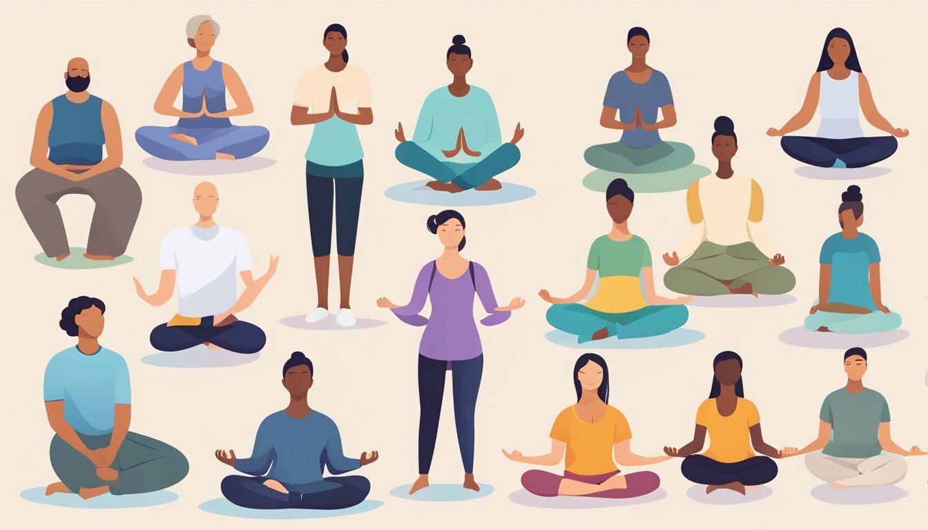 Various meditation types: sitting, walking, mindful breathing, and loving-kindness.</p><p>Each with unique postures and focuses