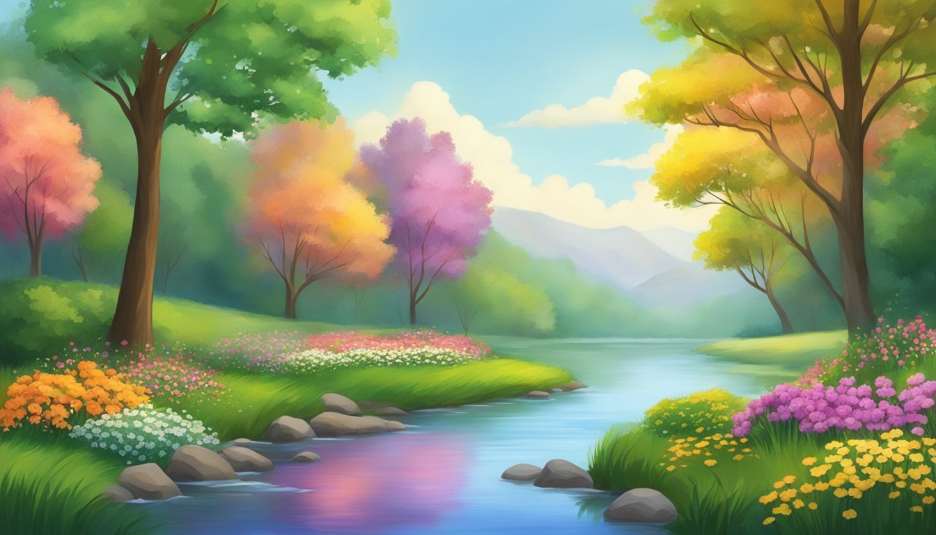 A serene nature scene with a peaceful flowing river, lush green trees, and colorful flowers, evoking a sense of calm and tranquility