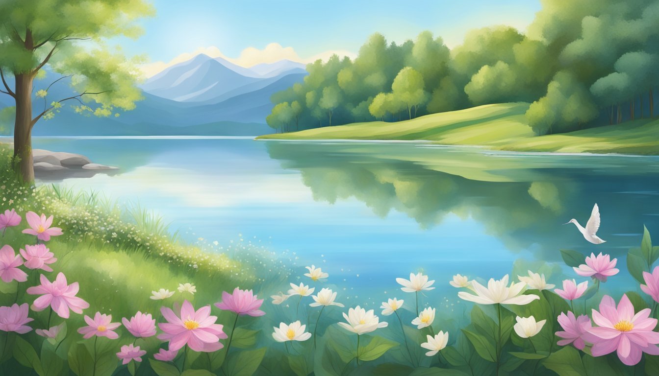 A serene, peaceful setting with nature elements; a calm lake, blooming flowers, and a clear blue sky, representing mindfulness practices