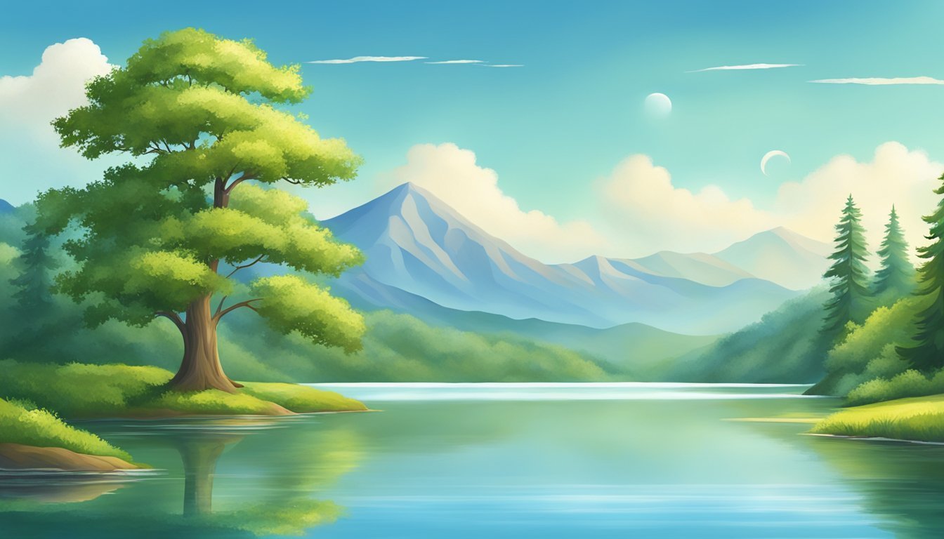 A serene nature scene with a calm lake, lush green trees, and a clear blue sky, conveying a sense of peace and tranquility