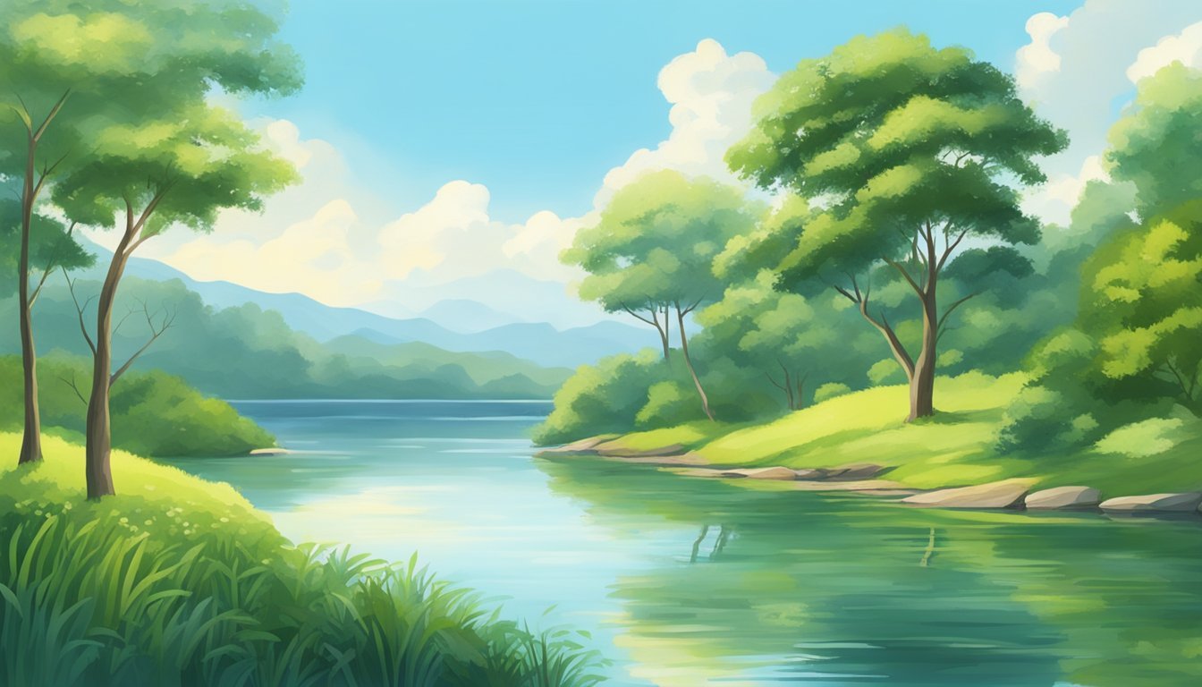 A serene natural setting with calm water, lush greenery, and a clear sky, evoking a sense of peace and tranquility