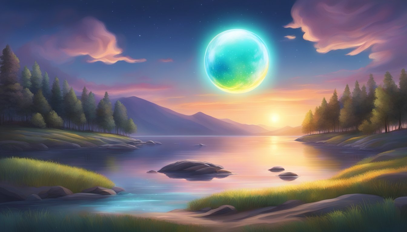 A glowing orb hovers over a serene landscape, emitting vibrant waves of light that gently envelop the surroundings, creating a sense of peace and balance