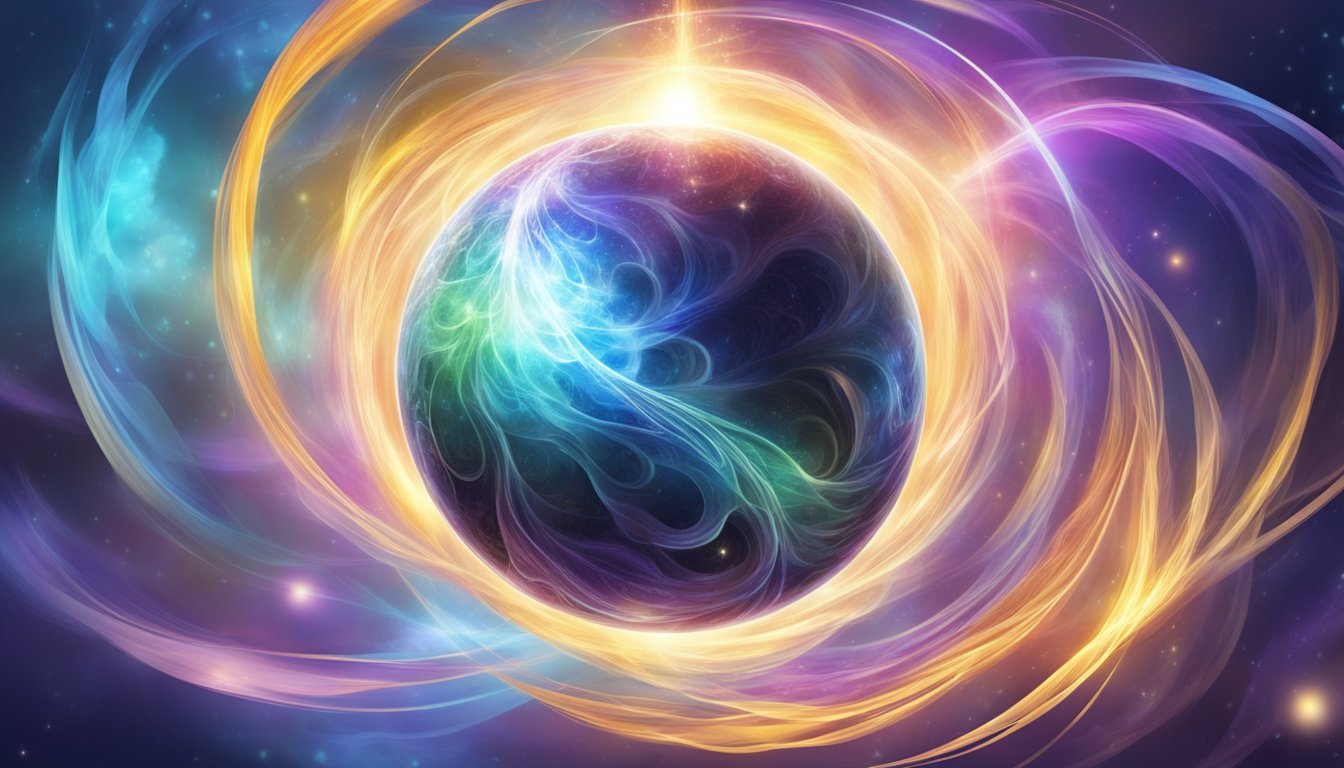 A glowing orb emanates energy, surrounded by swirling waves of light and color, symbolizing the flow and balance of energy healing