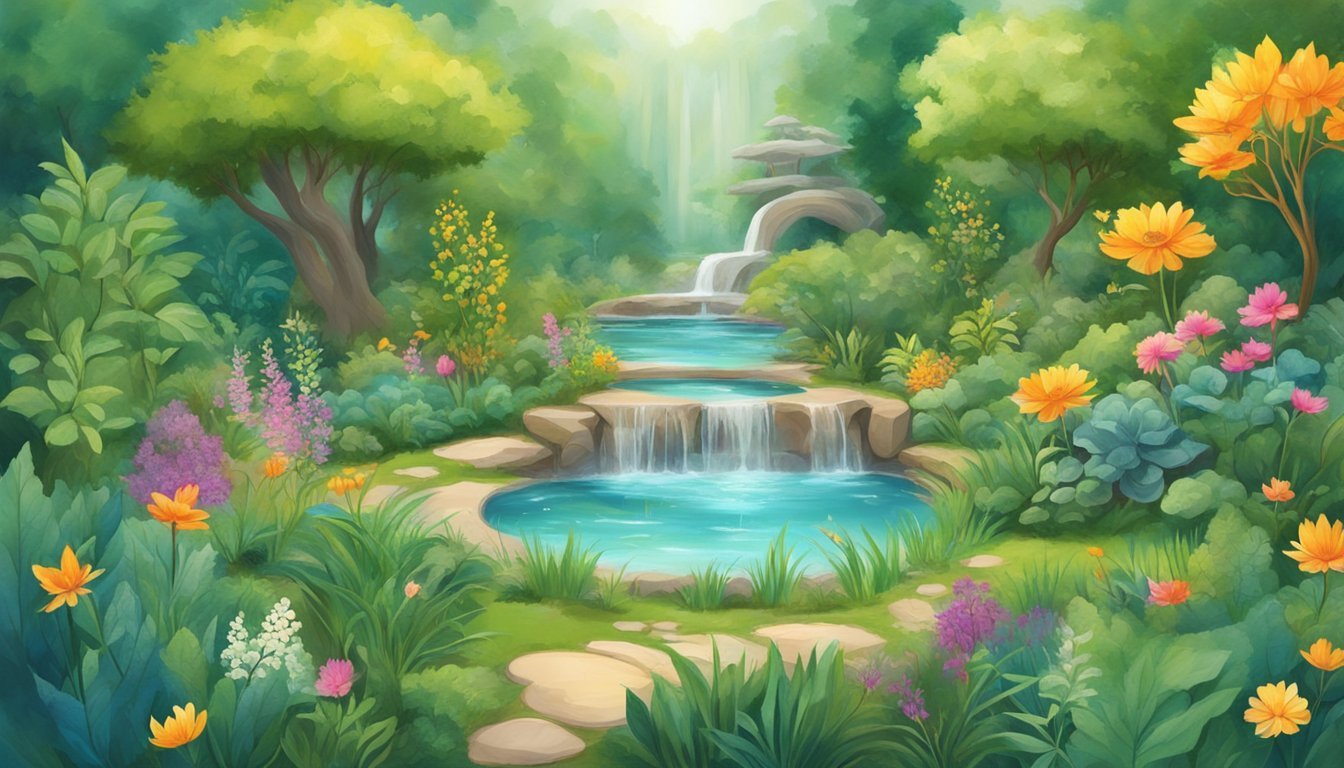 A serene garden with vibrant energy flowing through plants, animals, and natural elements, surrounded by obstacles representing the challenges of energy healing