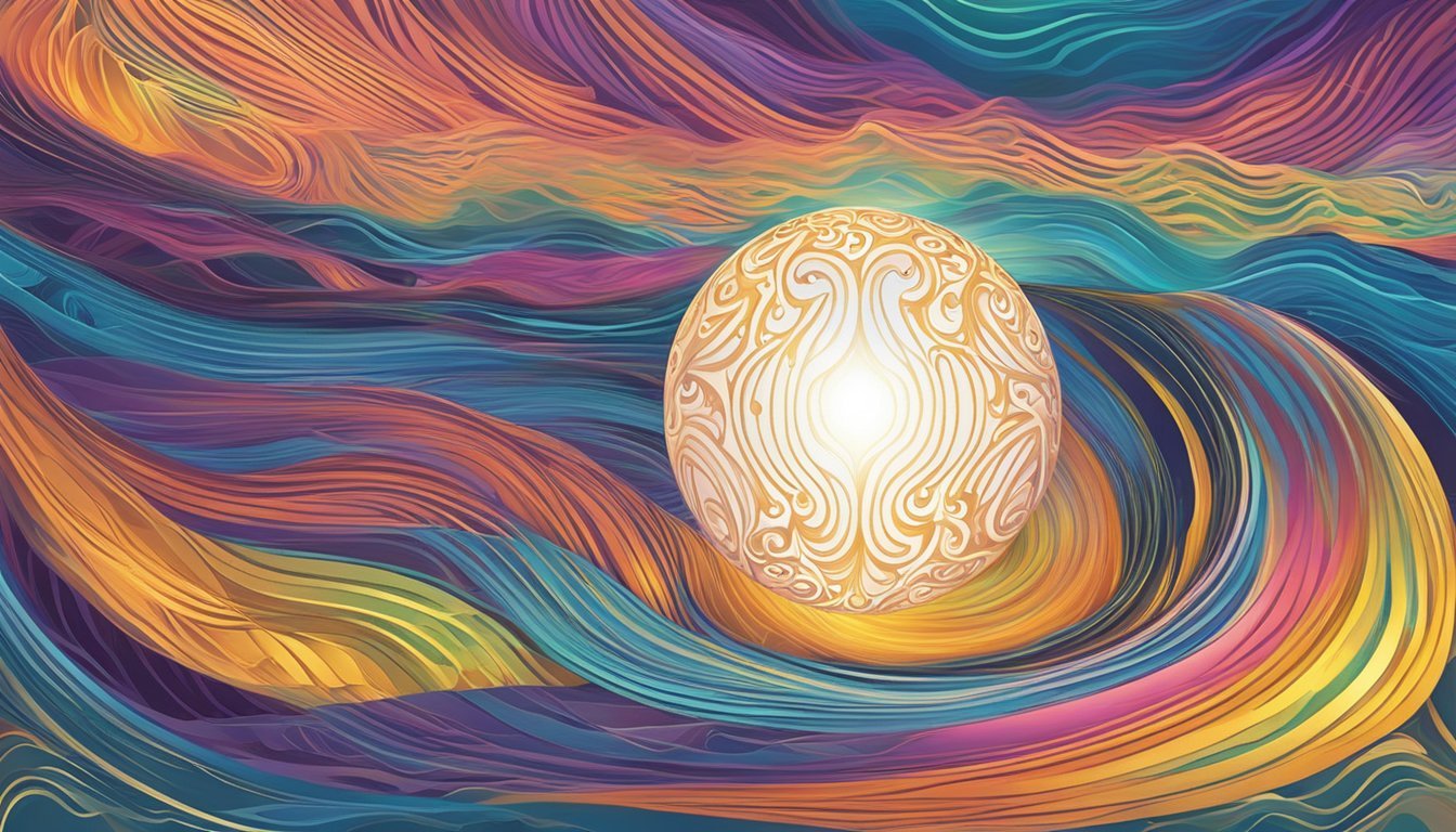 A glowing orb radiates energy, surrounded by vibrant waves and swirling patterns, creating a sense of healing and renewal