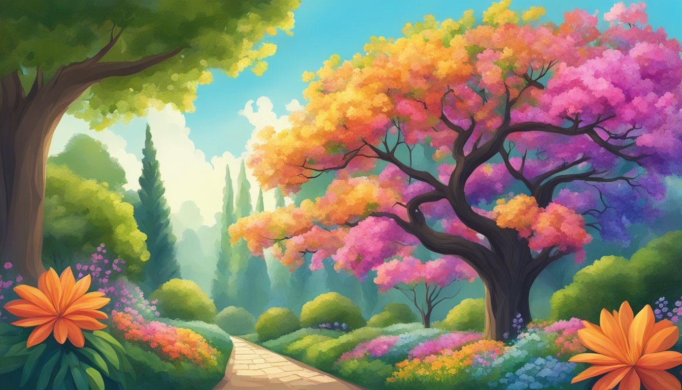 A lush garden with vibrant flowers and a tree reaching towards the sky, symbolizing spiritual growth