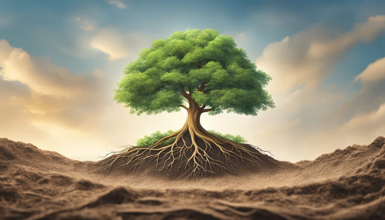 A tree sprouting from the earth, roots digging deep, reaching for the sky, symbolizing spiritual growth and strength