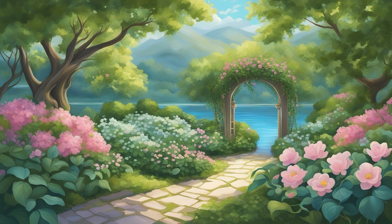 A serene garden with intertwining vines and blooming flowers, surrounded by tranquil water, symbolizing deepening spiritual connections