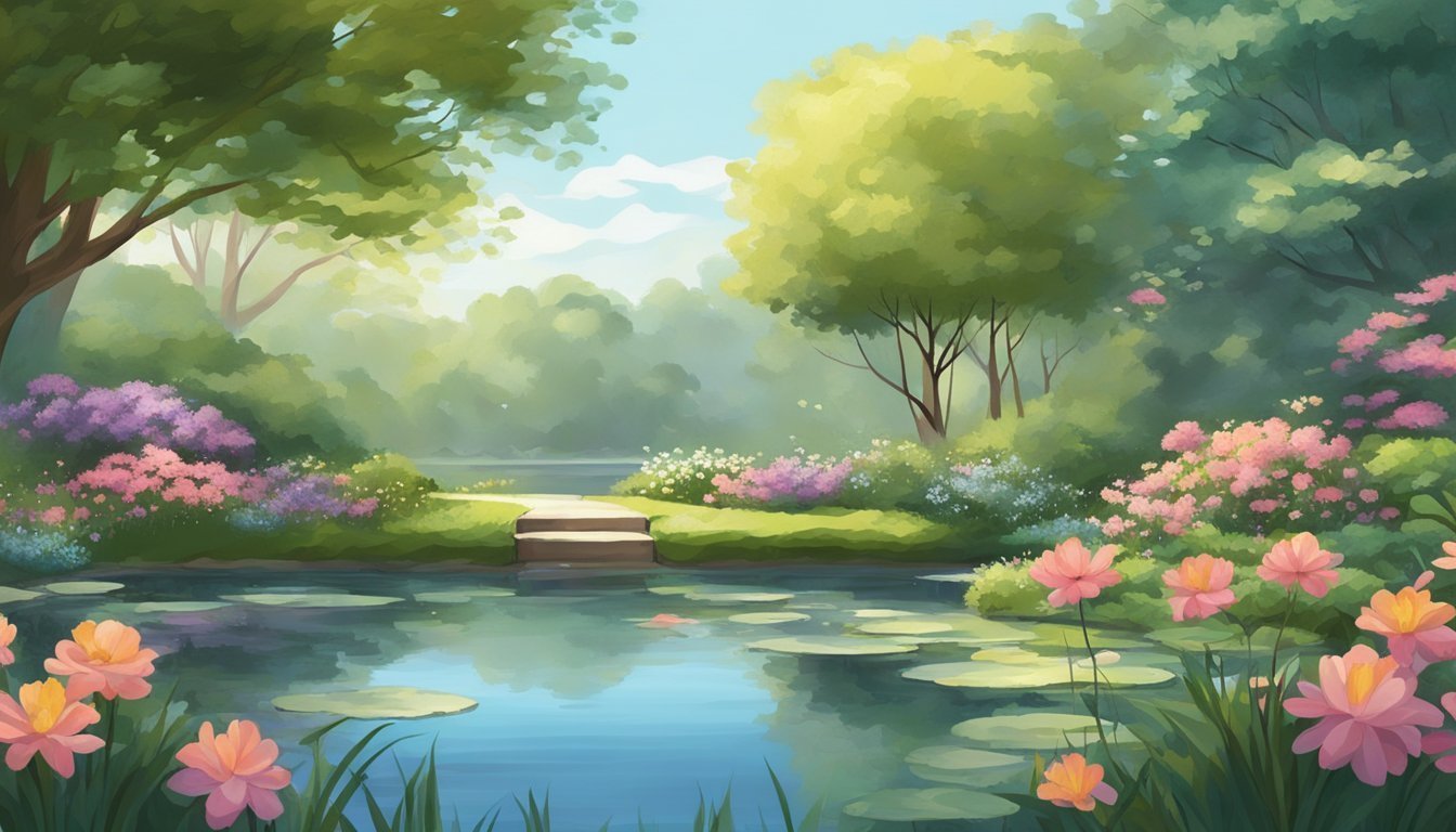 A serene garden with blooming flowers, a tranquil pond, and a gentle breeze rustling through the trees